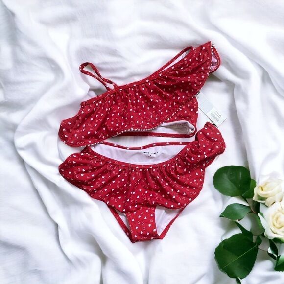 Janie and Jack Little Girl's & Girl's red 2-Piece hearts Ruffle Swimsuit Sz 8